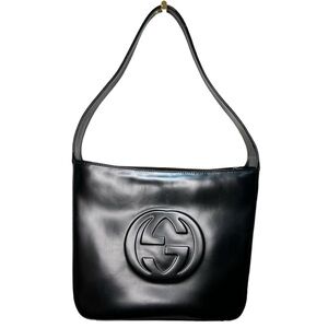 Gucci Soho Leather Shoulder Bag Black Embossed Interlocking GG